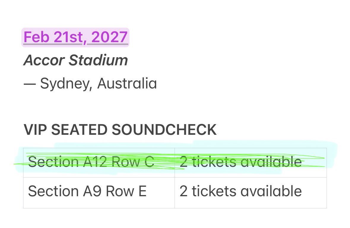 kennicks_2003's tweet photo. ticket update:

We are selling VIP Soundcheck Tickets for BTS Arirang World Tour!

available cities:
• brussels , metlife, gillette, SoFi, Sydney •

— please dm if interested!

(all shaded tix are sold) ✔️

wts wtb lfb lfs bts arrirang australia foxborough belgium sell tix sc https://t.co/2hdCZQobob