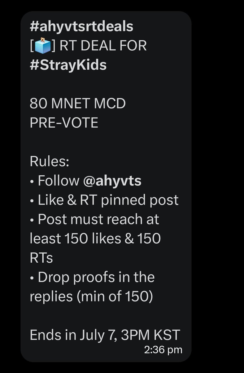 Miral_Bahaa_'s tweet photo. #ahyvtsrtdeals  
[🗳️] RT DEAL FOR #StrayKids 

80 MNET MCD PRE-VOTE

Rules:
• Follow @ahyvts  
• Like &amp; RT @ahyvts pinned post📌
• this Post must reach at least 150 likes &amp; 150 RTs  
• Drop proofs in the replies (min of 150)  

Ends in July 7, 3PM KST https://t.co/ma1WpOsXdP