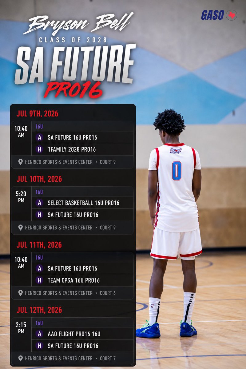 Brys0nBell2028's tweet photo. My schedule for this upcoming @PRO16League live period in Glen Allen, Virginia. Class of 2028 guard | #2 seed 16u

#ncaabasketball #Classof2028 #NCAARecruiting #AGTG #TexasHoops #basketball #RecruitMe https://t.co/4JRRl5cPQG