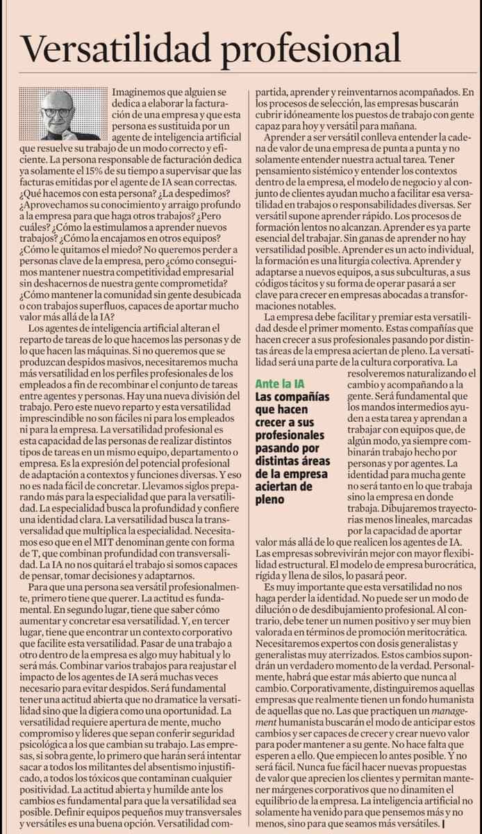 dialogoslideres's tweet photo. 🟥 “Versatilidad profesional”

👍🏼 Las empresas aciertan cuando hacen que sus profesionales pasen por distintas áreas de la compañía

‼️“La inteligencia artificial no solo ha venido para que pensemos más y no menos, sino para que seamos más versátiles”

Por @XavierMarcet 👇🏼👇🏼👇🏼 https://t.co/hxr5bMf6np