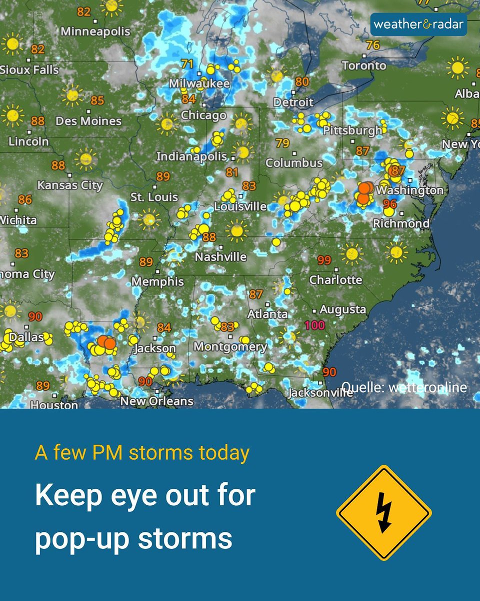 WeatherRadar_US's tweet photo. After a hot holiday weekend, a few storms will pop-up this afternoon!
It will bring some relief while possibly impacting outdoor plans.
Watch the WeatherRadar for the latest developments.
#summerstorms #sunday #holidayweekend https://t.co/l7vvy42XDj