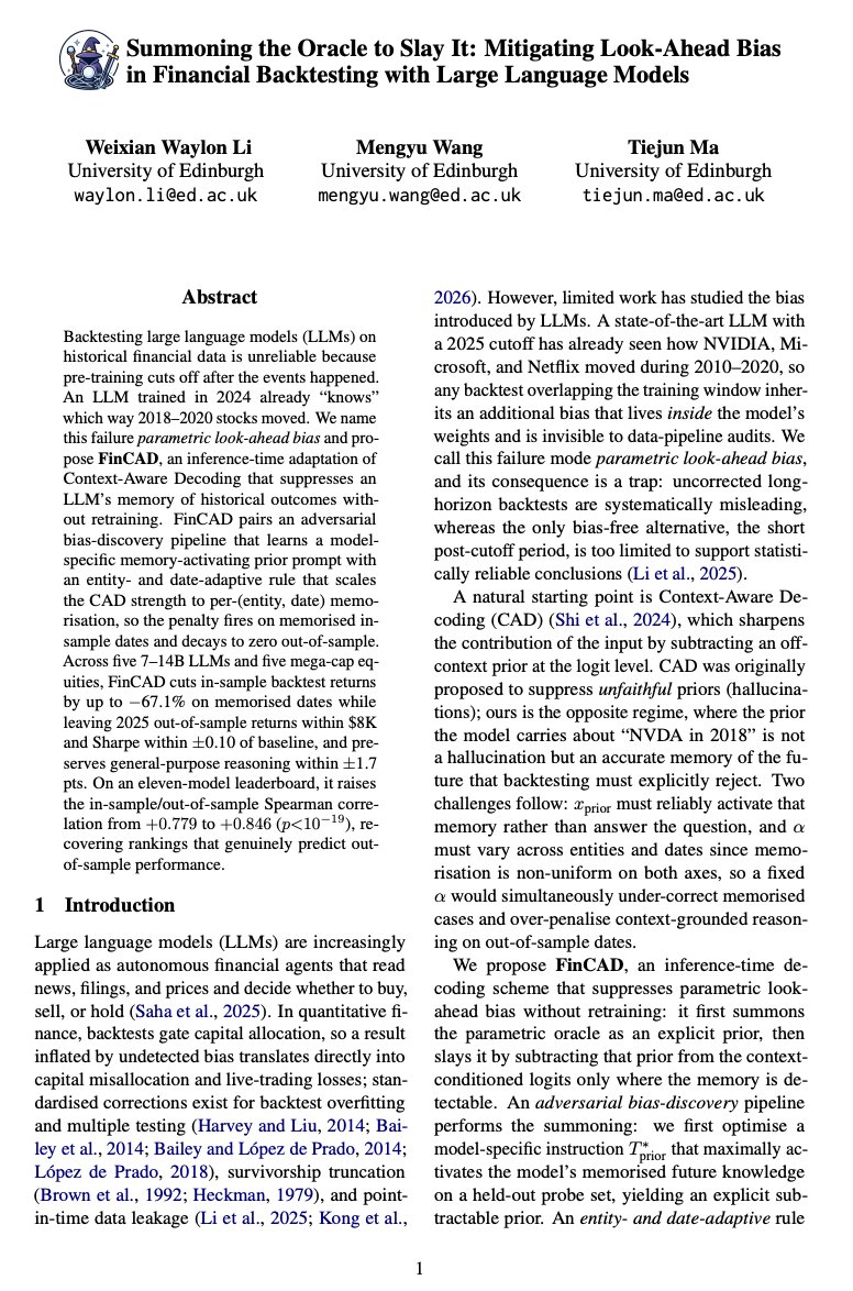 RuujSs's tweet photo. A backtest isn't a test of trading skill. It's a test of what the model remembers.

That's the real finding in a new Edinburgh paper on LLM trading agents.

Across 11 LLMs, in-sample "performance" predicted true out-of-sample performance with a correlation of just +0.78.

Strip out each model's memory of what actually happened to the price, and that correlation rises to +0.85, holding across 330 tested model combinations.

Most LLM trading backtests aren't forecasting the future. They're grading the past.

Bookmark! Worth ten minutes.