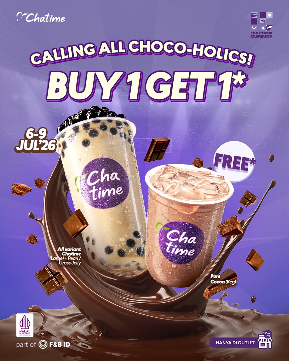 katalogpromosi's tweet photo. Chatime lagi ada promo Buy 1 Get 1 nih!
Beli Large apa pun plus topping, langsung dapet free Pure Cocoa.
berlaku besok mulai tanggal 6-9 Juli, gaskeun melipir! Link lengkapnya cek bawah! 👇
#Chatime #PromoJajan https://t.co/eNI5A4TFRt