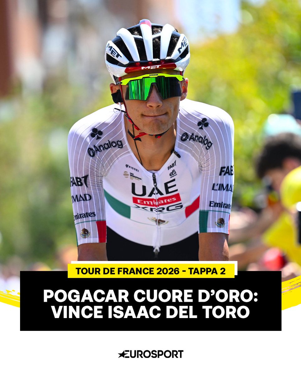 Eurosport_IT's tweet photo. MA CHE FINALE ABBIAMO VISTO! 🤩

Isaac del Toro centra la sua prima vittoria al Tour de France per “gentile concessione” di Tadej Poagcar che controlla i big e lascia andare il messicano! 🥹💛

Segno sulla linea d’arrivo Remco Evenepoel e Jonas Vingegaard 🤝

#Ciclismo #Cycling #TourdeFrance #TDF2026