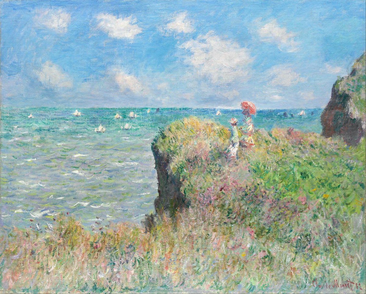 impression_ists's tweet photo. Monet, The Cliff Walk at Pourville, 1882

In February 1882, Monet fled to the Normandy coast.

Bankrupt and grieving his wife, Camille, he sought solace in Pourville.

To blend the figures into the terrain, he used identical brushstrokes for both the dresses and the grass.

Monet's pain in mourning, before the money and fame. His unknown life.