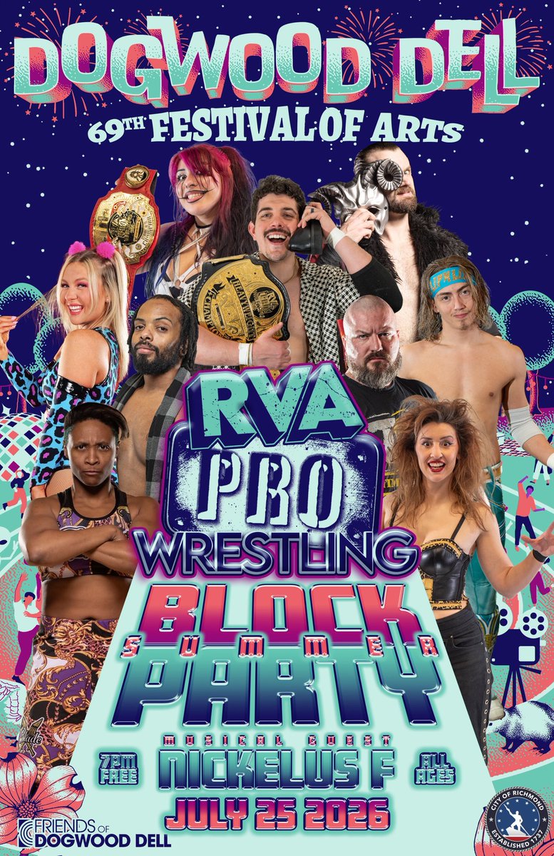 RVAProWrestle's tweet photo. ☀️🎉RVA PRO WRESTLING
PRESENTS: SUMMER BLOCK PARTY! 🎉☀️

RVA Pro Wrestling is proud to be part of the 69th Annual Festival of the Arts at Dogwood Dell!

Saturday July 25
FREE.
ALL AGES.
UNDER THE STARS.

Live performance by Nickelus F at 7:30 before the action

Then RVA Pro brings the action.

One summer night. One unforgettable atmosphere.

#RVAPRO