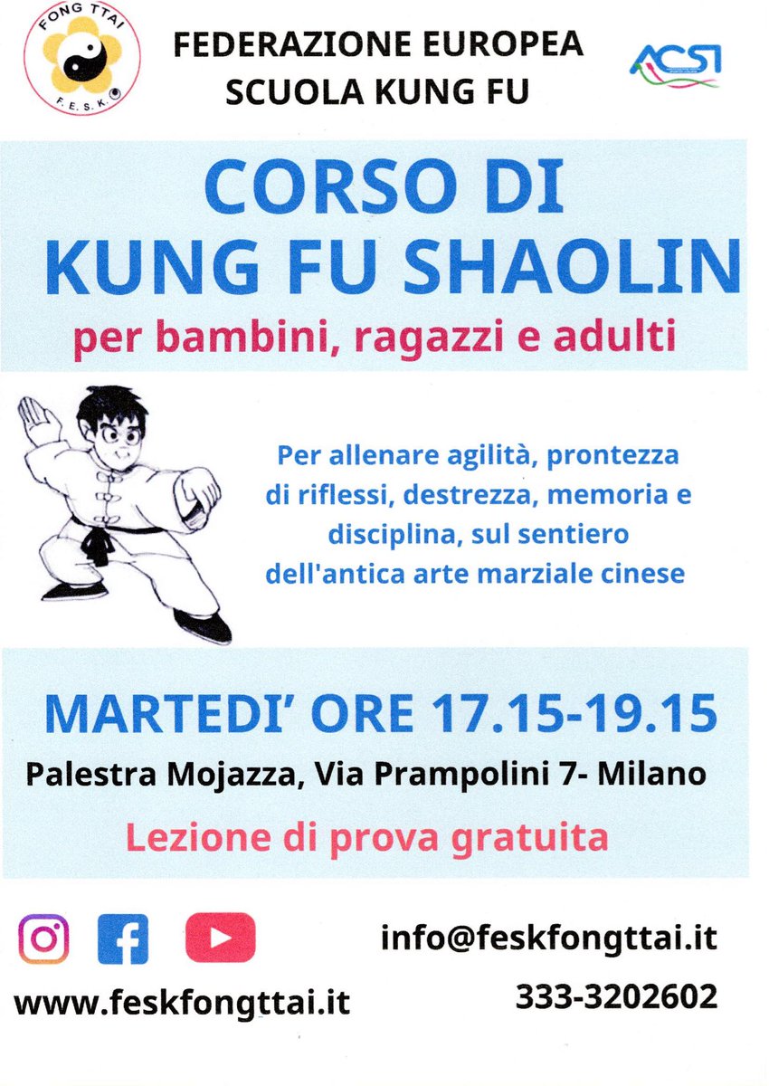 partecipaMi's tweet photo. Claudia Angolani ci segnala l'appuntamento col "Corso di KUNG FU SHAOLIN per bambini e adulti" del 7 luglio, dalle 17:15 alle 19:15, alla Palestra Comunale Mojazza, organizza FEDERAZIONE EUROPEA SCUOLA KUNG FU #kungfu #shaolin #corso #bambini
https://t.co/ldKyAm4fAM https://t.co/iOtlDPhQBq