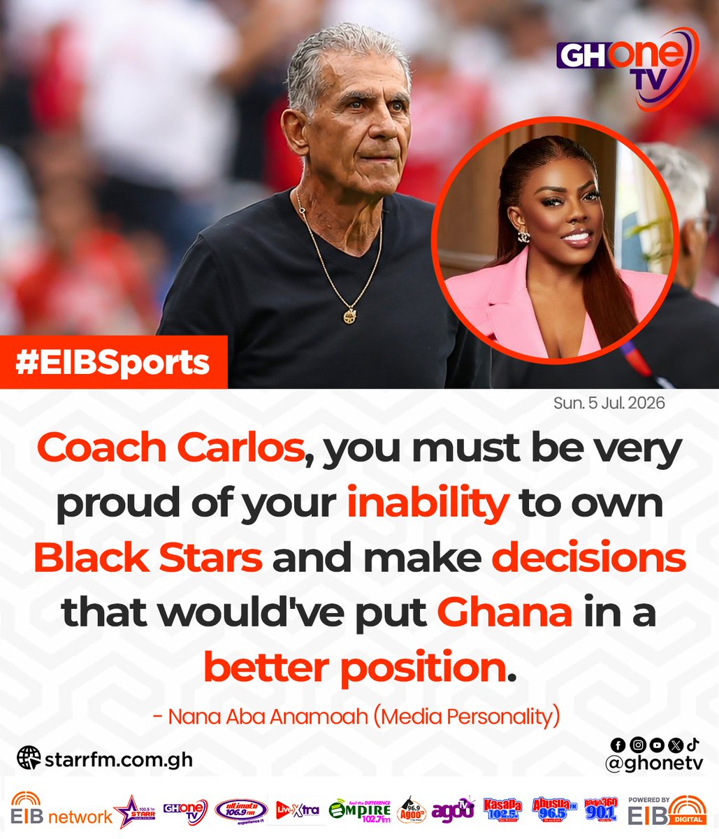 ghonetv's tweet photo. Coach Carlos Queiroz, you must be very proud of your inability to own Black Stars and make decisions that would've put Ghana in a better position... - Nana Aba Anamoah

#GHOneNews #EIBNetwork
#GHOneTV #NewsAlert https://t.co/rsHP4EVjYB