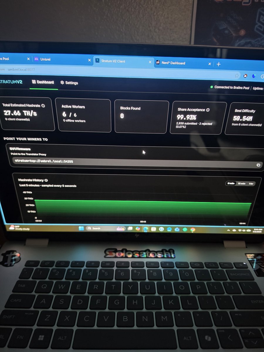 StayTruMining's tweet photo. So I pointed my miners to my Stratum V2 node that uses it as a translator proxy that is connected to @Braiins pool to recieve payouts. Once thanks @MolonLabeVC for telling me about this. Tech skills improving. #SatStacker https://t.co/8mL7yax9g7