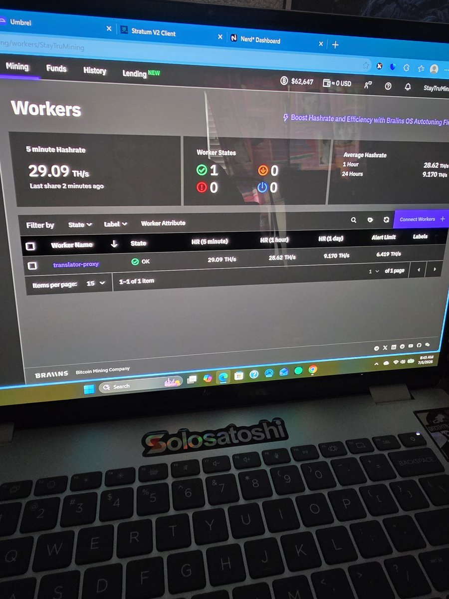 StayTruMining's tweet photo. So I pointed my miners to my Stratum V2 node that uses it as a translator proxy that is connected to @Braiins pool to recieve payouts. Once thanks @MolonLabeVC for telling me about this. Tech skills improving. #SatStacker https://t.co/8mL7yax9g7