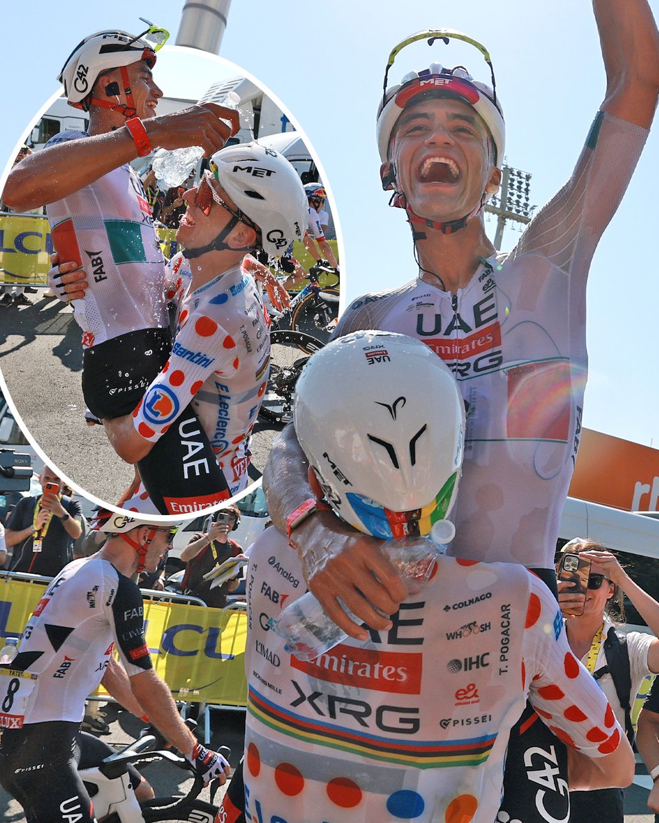 VelonCC's tweet photo. Pogi celebrated like he won himself 🍾

Tadej Pogačar congratulated Isaac del Toro after finishing second to the Mexican on Stage 2 of the Tour de France.

𝗦𝘁𝗮𝗴𝗲 𝟮 𝗿𝗲𝘀𝘂𝗹𝘁
1 Isaac del Toro
2 Pogačar, s.t.
3 Evenepoel, s.t.
4 Vingegaard, s.t.

📸 Getty Images https://t.co/miTjNVmVHf