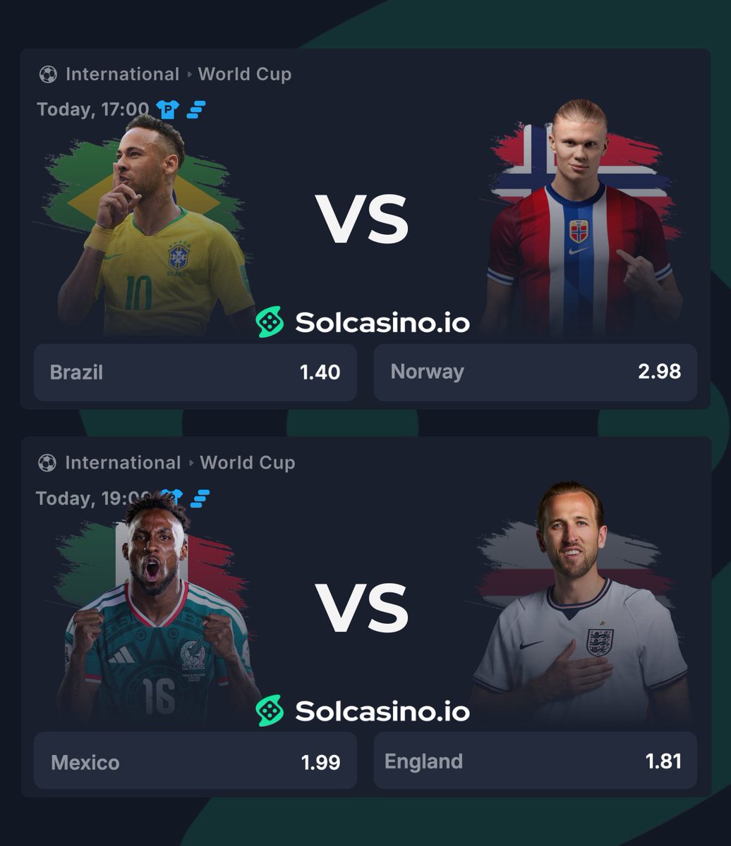 solcasino's tweet photo. Brazil 🇧🇷 or 🇳🇴 Norway? #BRANOR
Mexico 🇲🇽 or 🏴󠁧󠁢󠁥󠁮󠁧󠁿 England? #MEXENG

Predict who will Win & Qualify to Quarter-Finals for a chance to win $200 free bet!