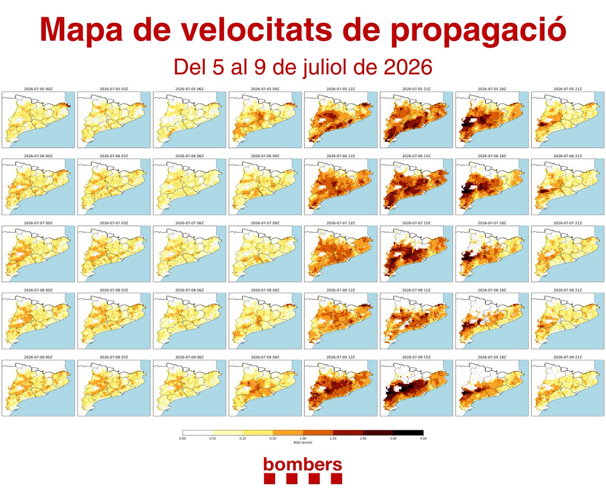 bomberscat's tweet photo. ⚠️Què podem esperar els propers dies dels incendis de vegetació?

🗺️Entrem en una setmana on podem tenir incendis amb velocitats que superin la capacitat d’extinció arreu del país.

🔥Amb aquest escenari, tenir consciència de la situació és clau per evitar ignicions.

#bomberscat https://t.co/NtXo5O5lGd