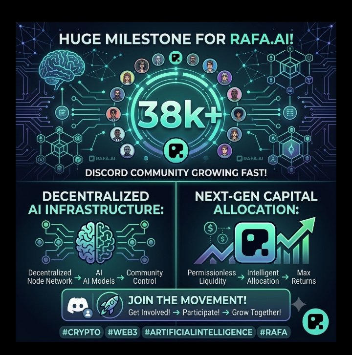 AliRaza08473972's tweet photo. Huge milestone for @RAFA_AI
.The community is growing fast with 38k+ members on Discord. If you are into decentralized AI and next-gen capital allocation infrastructure, this is a project to keep on your radar.
Join the movement
#Crypto #Web3 #ArtificialIntelligence #RAFA https://t.co/WCGRVBaOuQ