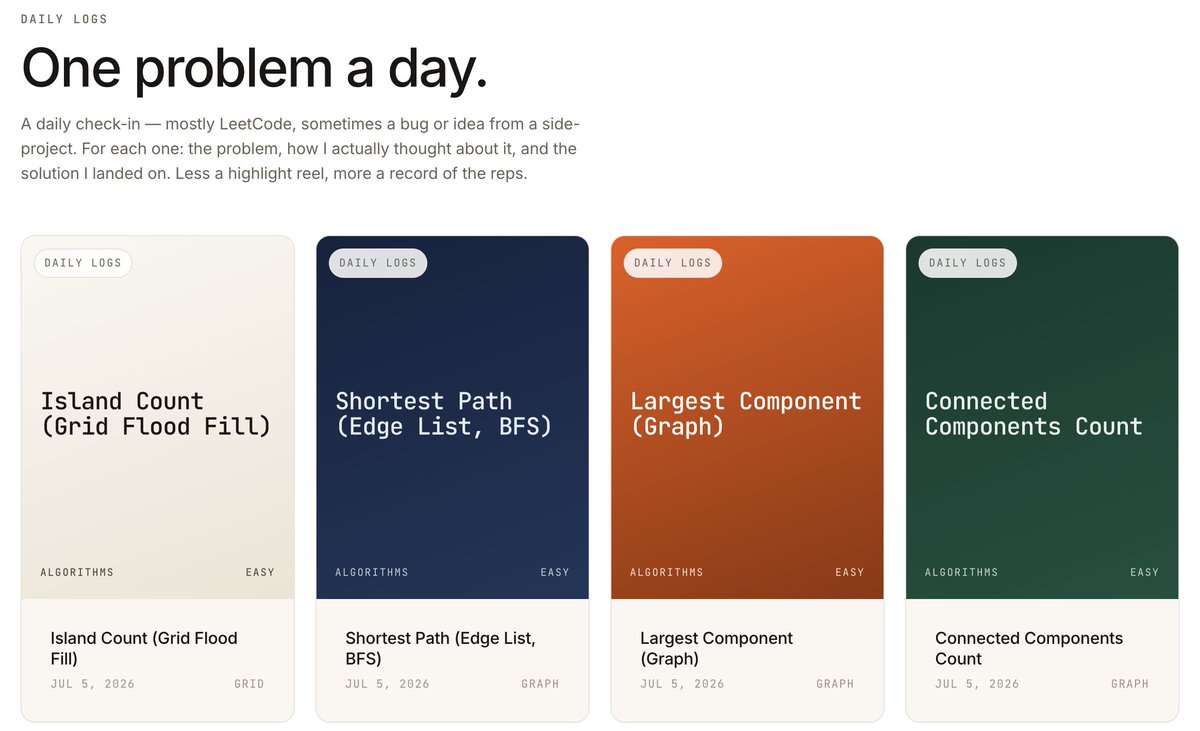 baroiSubhra's tweet photo. Day 5 Graphs continued!
Solved:
✅ Connected Components Count - https://t.co/S2y38KPOjw
✅ Largest Component - https://t.co/APPGsEUzKw
✅ Shortest Path - https://t.co/lTVdhENlN0
✅ Island Count - https://t.co/nUeyYId4y1
#Day5 #Algorithms #Graphs #DSA #JavaScript #TechBlog https://t.co/Kme3eNCnKV