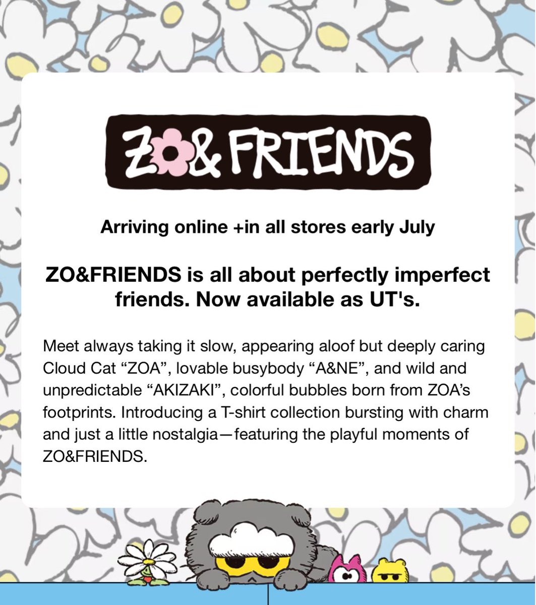 BIGBANGFILO's tweet photo. WELCOME TO THE PHILIPPINES, ZOA! 🐈‍⬛🌼

ZO&amp;FRIENDS x UNIQLO collaboration arrives online + in all stores July 6 (Monday)!

🔗 https://t.co/xgW70PiXt4

#GDRAGON #ZOA @zonfriends @UNIQLOPH https://t.co/vkJ7t9cxeQ