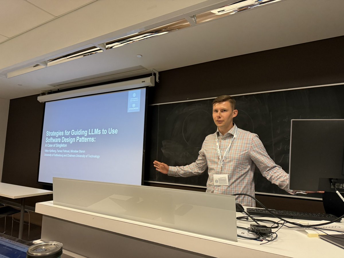 promise_conf's tweet photo. 🧩 Closing Session 2 at #PROMISE2026: Viktor Kjellberg (Chalmers | Univ. of Gothenburg) on guiding LLMs to actually follow software design patterns. With Farnaz Fotrousi &amp; Miroslaw Staron. #FSE2026 #PROMISE26 #FSE26 https://t.co/siRabCFXUp