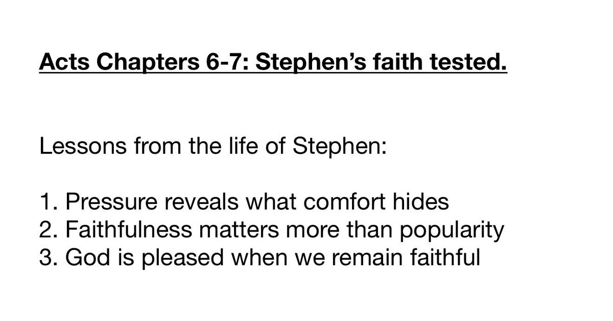 TonyDungy's tweet photo. Pastor Doug’s message at Grace Family Church today was from Acts 6-7 on the life of Stephen. The topic was what happens when our faith gets tested?  His points were:
Pressure reveals what comfort hides.
Choose faithfulness over popularity. 

God allows things to happen to us that test our faith. It could be illnesses, circumstances, persecution or other problems.  How will we respond?

Will we stay true to God and our convictions or will we compromise our principles or our faith. 

Stephen got challenged by the authorities for his belief in Jesus but stayed true to God even to the point of death. We rarely get pushed that far but when we are challenged do we remain faithful or do we compromise in order to fit in or eliminate any controversy?

God wants us to be faithful!!
