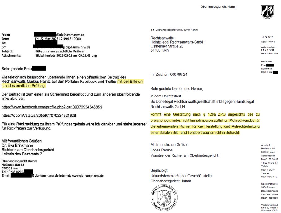 Haintz_MediaLaw's tweet photo. Dr. Eva Brinkmann, Richterin am Oberlandesgericht Hamm, zeigt mich bei der Rechtsanwaltskammer Köln an, weil ich faule Richter als faul bezeichnet habe.

Folgende Begründung gab der Vorsitzende Richter am OLG Hamm, Lopez Ramos, ab, um sich, wie so oft, gegen eine Online-Verhandlung auszusprechen:

… kommt eine Gestattung nach § 128a ZPO angesichts des zu erwartenden, indes nicht hinnehmbaren zeitlichen Mehraufwandes für die erkennenden Richter für die Herstellung und Aufrechterhaltung einer stabilen Bild- und Tonübertragung nicht in Betracht …

Richter, die wegen "zeitlichen Mehraufwands" Parteien und Anwälte stundenlang durchs Land fahren lassen, dass man als faul bezeichnen.

Richterinnen wie Frau Dr. Eva Brinkmann, die Anwälte deshalb anzeigen, bewegen sich an der Grenze zur falschen Verdächtigung, § 164 Strafgesetzbuch.  

Offenkundig mögen es Richter nicht, wenn über sie berichtet wird. Ich rate daher ausdrücklich dazu, regelmäßig Gerichtsverhandlungen als Prozessbeobachter zu verfolgen. 

Pressevertreter sollten auch immer darauf hinwirken, die erkennenden Richter bei interessanten Prozessen zu fotografieren. Das ist euer gutes Recht.

Wer im Namen des Volkes Recht spricht, hat sich nicht hinter einem Staatsapparat als "kleines Rädchen des Systems" zu verstecken. Augen auf bei der Berufswahl!