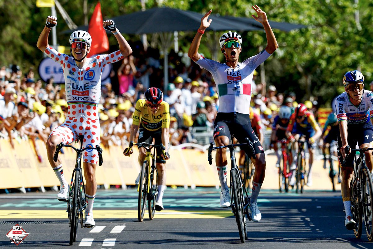 TeamEmiratesUAE's tweet photo. Absolute @LeTour cinema 🤯

Bravo, boys. That was something very, very special! 

#WeAreUAE | #TDF2026 https://t.co/gpbKuLNyX8