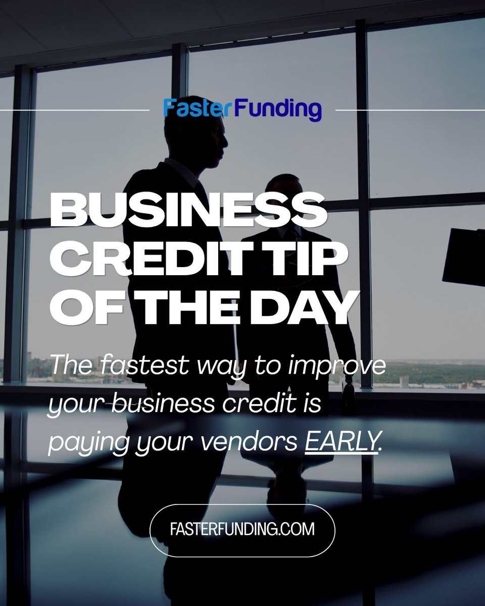 Faster_Funding's tweet photo. One simple habit can make a big difference.  

Paying your vendors early helps strengthen your business credit profile and shows lenders your business is reliable.  

Small steps today can lead to bigger opportunities tomorrow. 
 
#BusinessCredit #FundingTips #FasterFunding https://t.co/5SGm8UyEXq