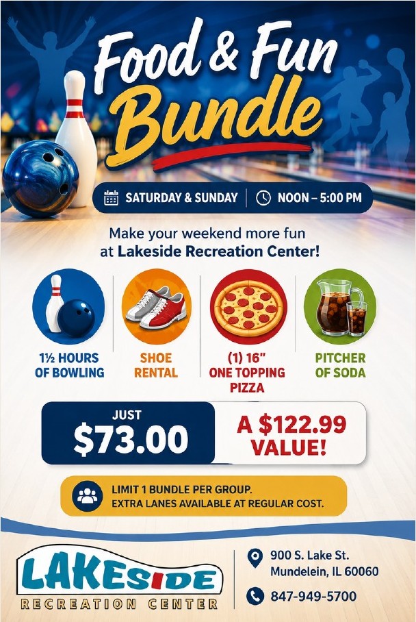 LakesideRec_IL's tweet photo. 🎳 Today at Lakeside – Sunday, July 5, 2026 🎳
🌞 We're Open at Noon!
🎳 Open Bowling Available All Day! Whether you're planning a family outing, a date, or just looking to beat the heat, we've got lanes ready for you.
🍕 Make it a complete day of fun with our Food &amp; Fun Bundle. https://t.co/8pOWhgsdjz