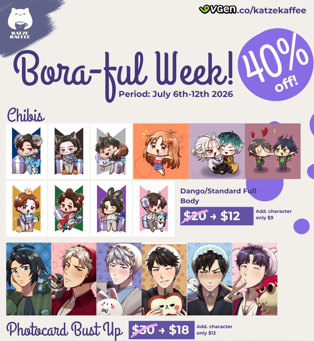 KatzeKaffee's tweet photo. BORAFUL WEEK IS HERE!! 💜💜 #artcommission #opencommission #vgencomm
my services are available at 40% off! Discount also applies to the add-ons (background, additional character) as well ✨
Promo lasts from July 6th-12th so don't miss out! 

🛒-https://t.co/SiLT1yHRxD https://t.co/MsN26ZqqbJ