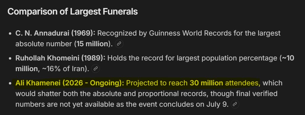 LucasGageX's tweet photo. Khamenei's funeral is projected to be the largest in human history. https://t.co/yNQwXu9vY5