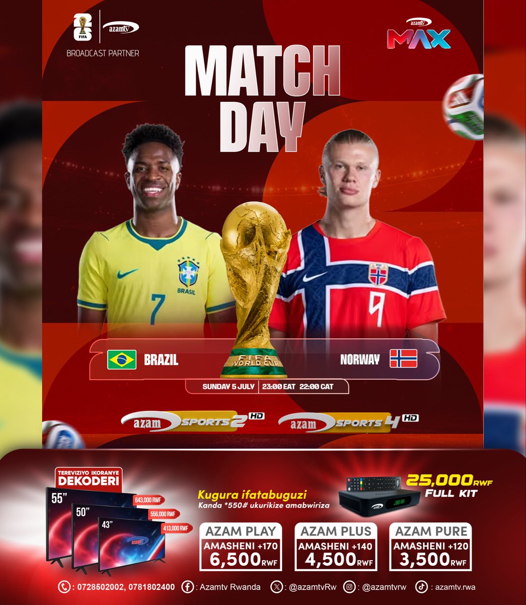 azamtvRw's tweet photo. ⚽ Brazil 🆚 Norway
🕖 22:00 
📺 Azam Sports 2&amp;4 HD

Ntabe ari wowe ucikwa uyu mukino, mukanya gato!

#imyidagadurokuribose
#entertainmentforeverybody https://t.co/QYxRuWdtSC