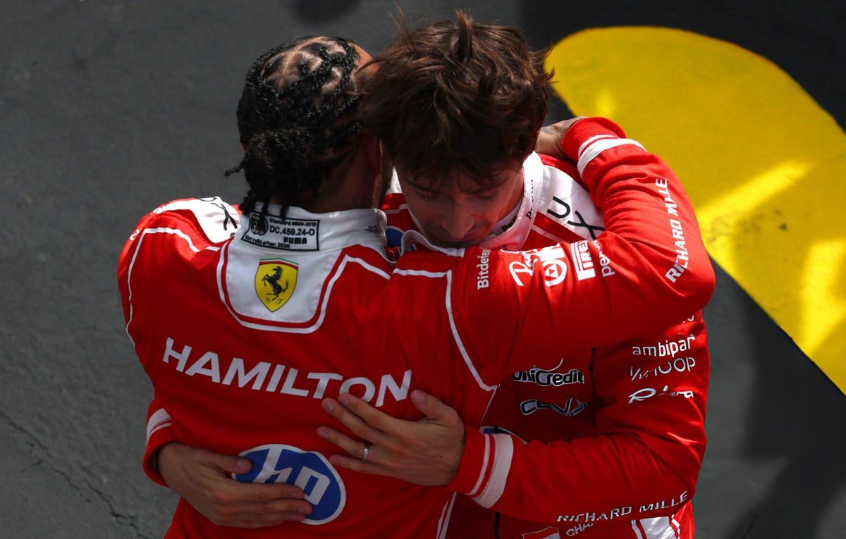 leclercsletters's tweet photo. the hug of the ferrari drivers https://t.co/Bhj0QjKj62