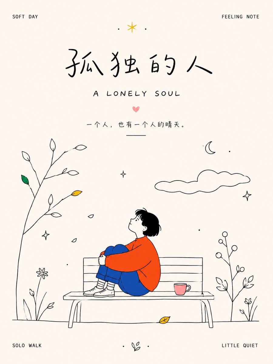 binwenyu1's tweet photo. Minimal line art emotion posters.

I tried turning simple moods into quiet visual notes —
off-white paper, hand-drawn black lines, a few bright color blocks, and lots of breathing space.
Themes in this set:

不想解释 / No Need to Explain
孤独的人 / A Lonely Soul
骑车少女 / Girl on a Bicycle
雨中漫步 / Walk in the Rain
盛夏光年 / Midsummer Days

I love how this style feels soft, simple, and a little nostalgic.
Not too polished. Not too loud.
Just small emotions drawn with lines.
Prompt style: minimalist emotional poster, hand-drawn line art, modern children���s book illustration, Nordic flat illustration, off-white paper texture, black sketch lines, limited bright color blocks, quiet typography.
#AIart #AIillustration #PromptShare #LineArt #PosterDesign #AIGC #GenerativeAI