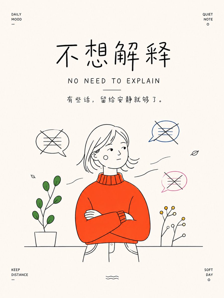 binwenyu1's tweet photo. Minimal line art emotion posters.

I tried turning simple moods into quiet visual notes —
off-white paper, hand-drawn black lines, a few bright color blocks, and lots of breathing space.
Themes in this set:

不想解释 / No Need to Explain
孤独的人 / A Lonely Soul
骑车少女 / Girl on a Bicycle
雨中漫步 / Walk in the Rain
盛夏光年 / Midsummer Days

I love how this style feels soft, simple, and a little nostalgic.
Not too polished. Not too loud.
Just small emotions drawn with lines.
Prompt style: minimalist emotional poster, hand-drawn line art, modern children���s book illustration, Nordic flat illustration, off-white paper texture, black sketch lines, limited bright color blocks, quiet typography.
#AIart #AIillustration #PromptShare #LineArt #PosterDesign #AIGC #GenerativeAI