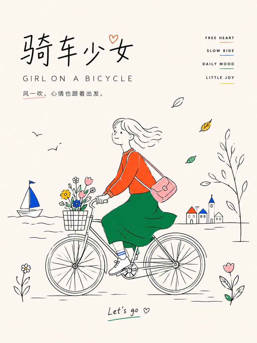 binwenyu1's tweet photo. Minimal line art emotion posters.

I tried turning simple moods into quiet visual notes —
off-white paper, hand-drawn black lines, a few bright color blocks, and lots of breathing space.
Themes in this set:

不想解释 / No Need to Explain
孤独的人 / A Lonely Soul
骑车少女 / Girl on a Bicycle
雨中漫步 / Walk in the Rain
盛夏光年 / Midsummer Days

I love how this style feels soft, simple, and a little nostalgic.
Not too polished. Not too loud.
Just small emotions drawn with lines.
Prompt style: minimalist emotional poster, hand-drawn line art, modern children���s book illustration, Nordic flat illustration, off-white paper texture, black sketch lines, limited bright color blocks, quiet typography.
#AIart #AIillustration #PromptShare #LineArt #PosterDesign #AIGC #GenerativeAI