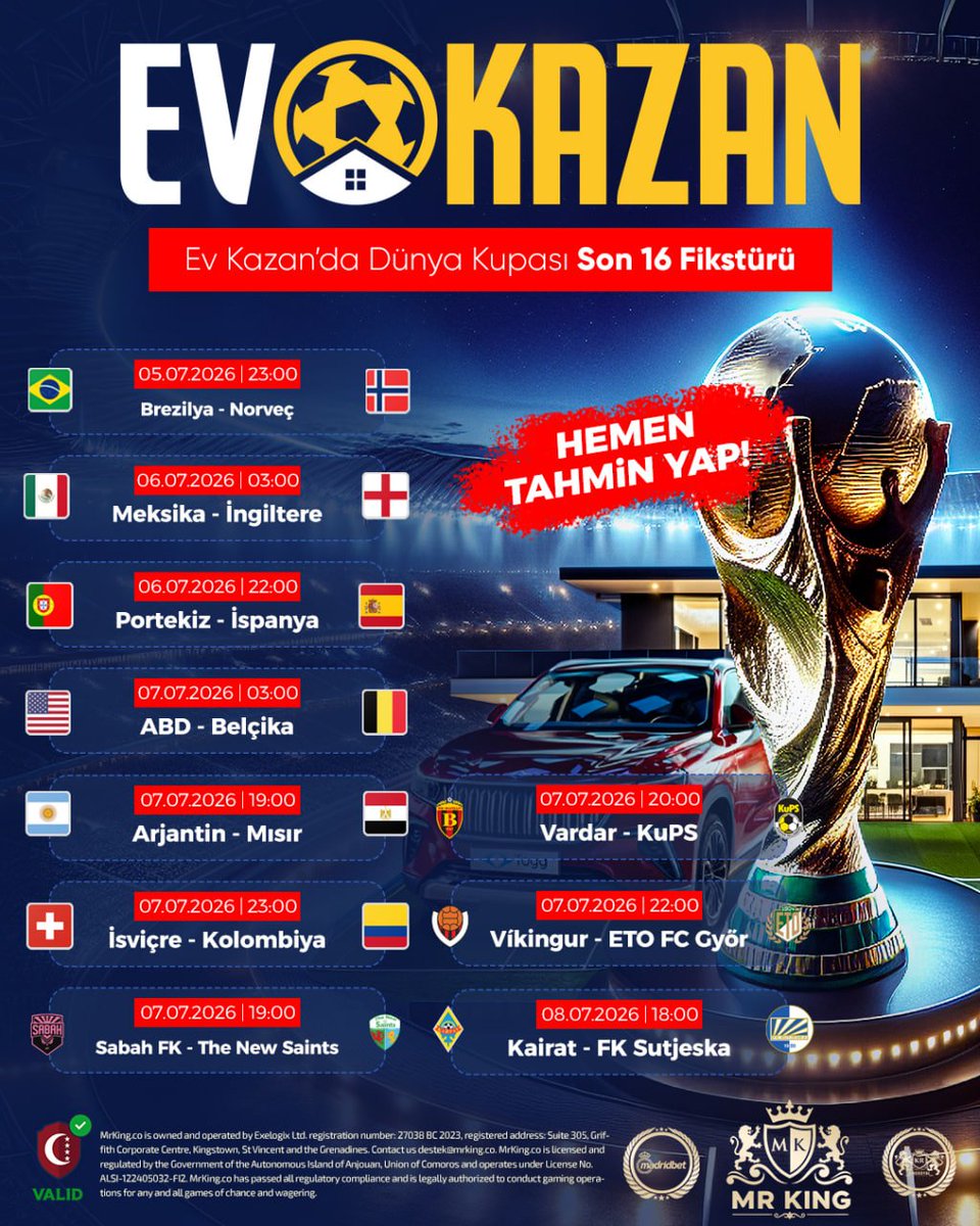 EvKazanNet's tweet photo. KAPILAR KAPANIYOR! BU FIRSAT KAÇMAZ!
EvKazan Son 16 Fikstüründe son gün!
Tahminini yap, zirve yarışında yerini al.

Güncel link profilde! 
#Meritking #Kingroyal #Madridbet #MRKing https://t.co/9xhnGRZHFV