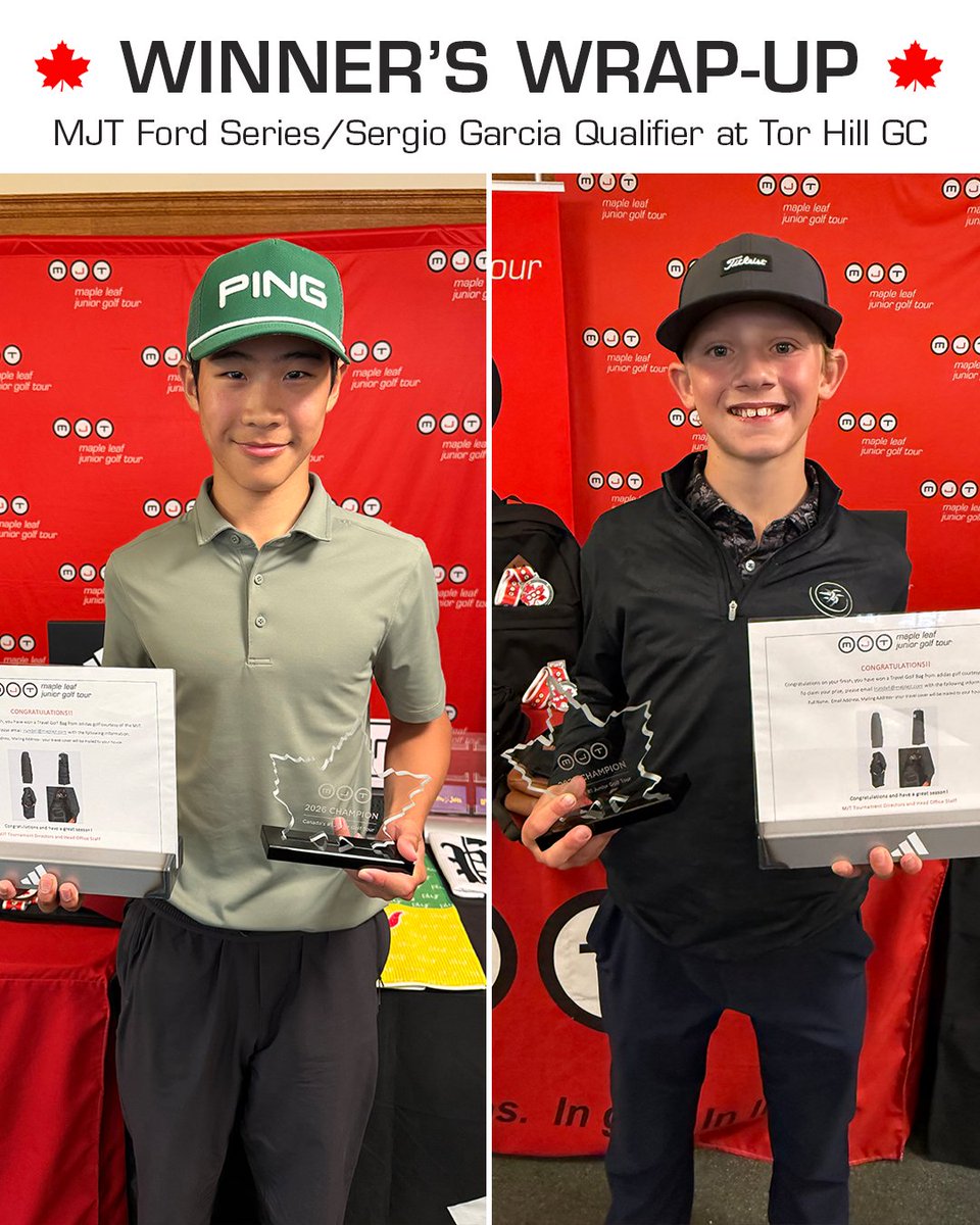 maplejt's tweet photo. Congratulations to the winners of the MJT @FordCanada Series / Sergio Garcia Qualifier at @TorHillGolf in Regina, SK, which took place June 27-28!

🎉 Division Winners:
Junior Boys: Kolton Spenst (79-75=154)
Girls 15-19: Yuna Lee (78-79=157)
Juvenile Boys: Jace Olson (72-78=150)
Bantam Boys: Jun Lee (72-78=150)
Girls U15: Alyxa Melsted (88-80=168)
Peewee Boys: Hudson Deibert (74-74=148)

👏 Big thanks to our incredible partners:
@adidas Golf @TitleistCA @OfficialMauiJim  @ZealOptics @FordCanada @boosterjuice  @BomberLD @PLYRathletics @PopeyesCanada @CwenchHydration @ForesightCanada 

#MJT #JuniorGolf #DevelopingChampions #FutureOfGolf