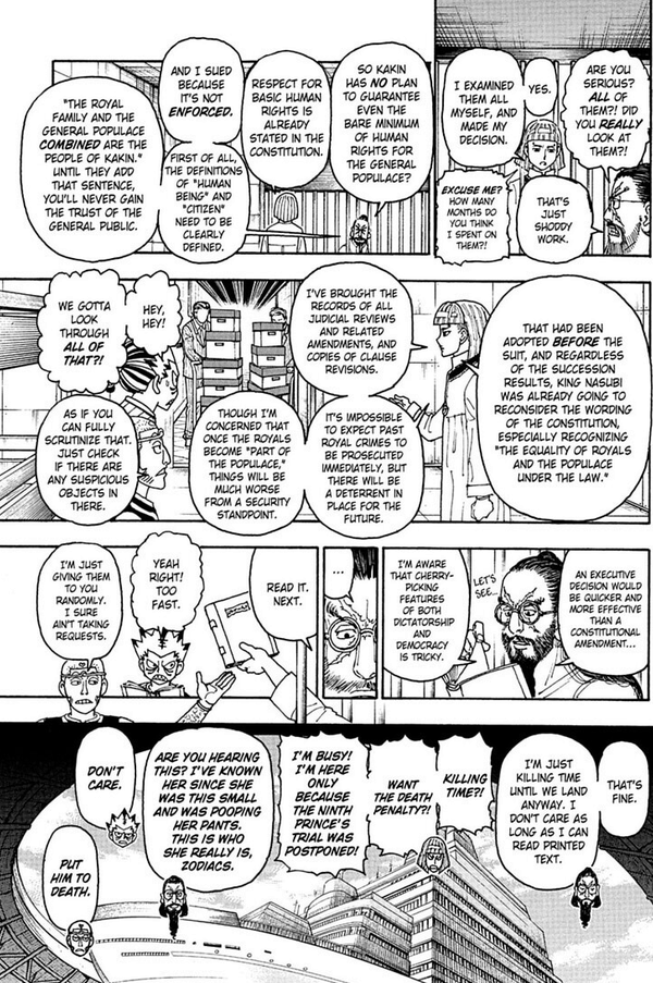 EmeTiago's tweet photo. "Ah nossa Togashi, se esse personagem tá preso e não tão ativamente envolvido na trama, o que ele tá fazendo?"
"Processando o governo e a família real por afrontas aos diretos humanos e 1047 descumprimentos da constituição."
*joga 500kg de texto na sua cara*
#hunterxhunter412 https://t.co/94QK8qCXKn