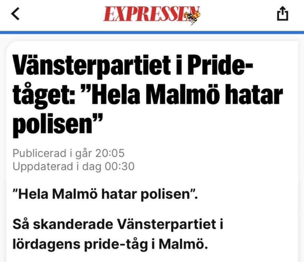 hugbjo's tweet photo. En svensk polis har precis mördats.
Vänsterpartiets svar? Att låta “Hela Malmö hatar polisen” skrikandes på en demonstration.

Är detta Magdalena Andersson regeringsunderlag? Om någon fortfarande undrar vad en vänstersväng innebär där har ni svaret! https://t.co/eArg78ev9l
