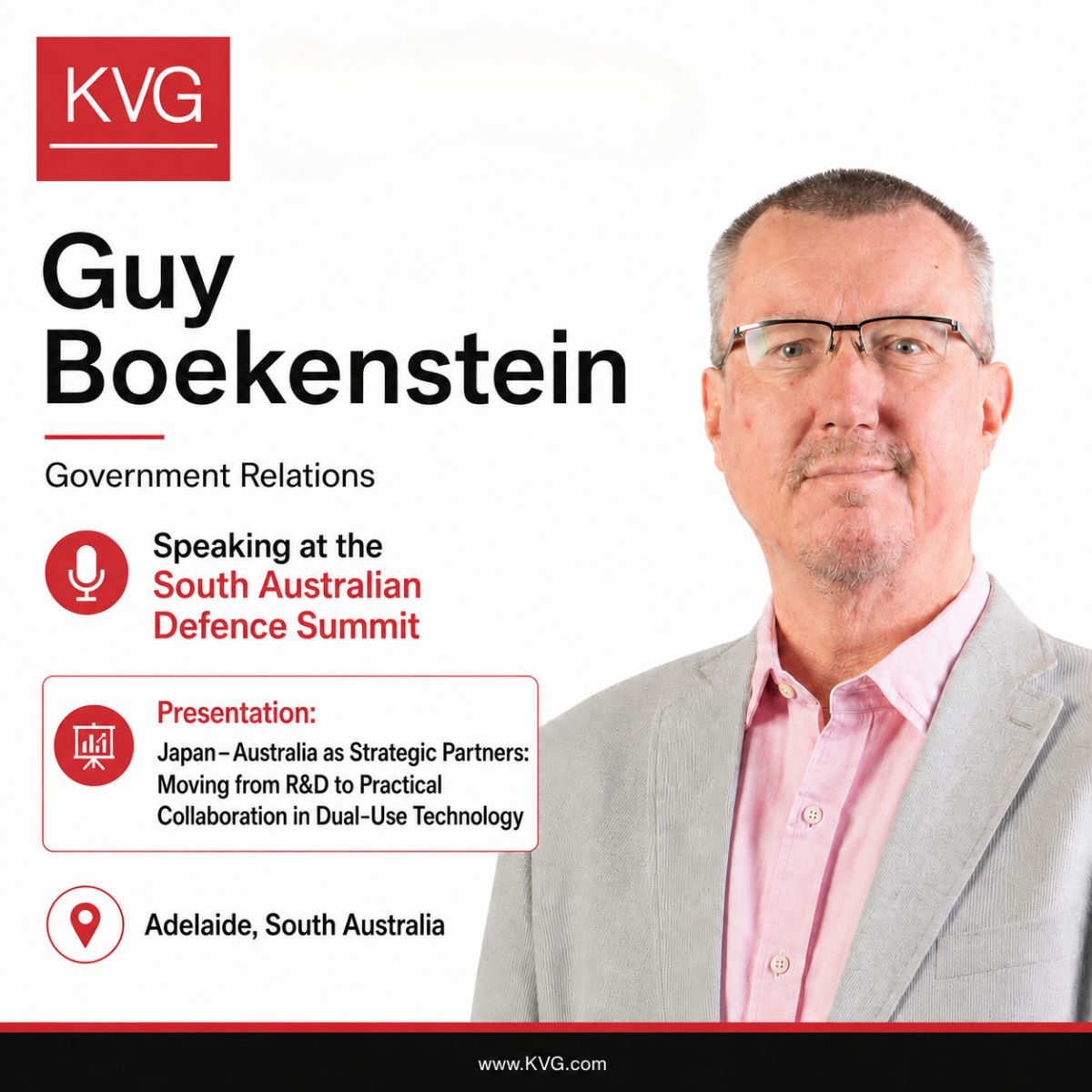 KVG_HQ's tweet photo. #KVG is proud to have Guy Boekenstein, Government Relations, speaking at the South Australian Defence Summit.

Learn more about the Summit here:
https://t.co/T4csZlMyq3

#GloballyPositioned #LocallyIntegrated https://t.co/6V0A1PN8L1
