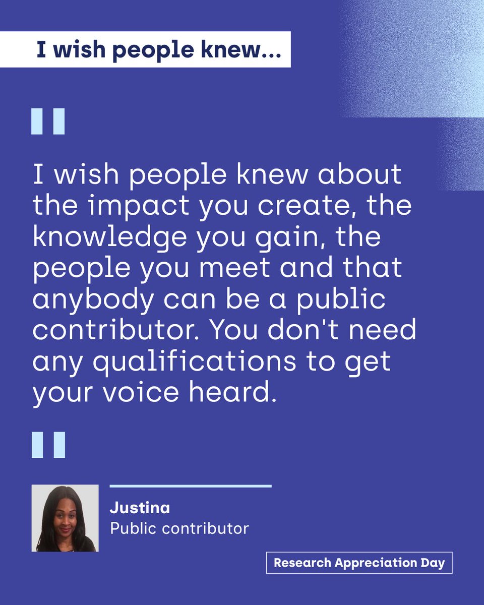 NIHRinvolvement's tweet photo. Today is #ResearchAppreciationDay. Read what Justina, one of our public contributors, wishes more people knew about getting involved in research ⬇️ https://t.co/8hJx8622wm