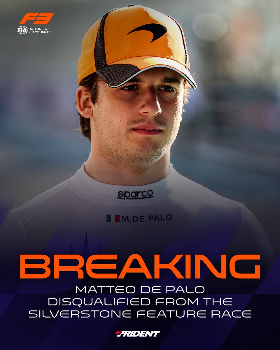 Formula3's tweet photo. BREAKING: Matteo De Palo disqualified from Silverstone Feature Race

Maciej Gładysz inherits the Feature Race victory 

Read more ➡️ https://t.co/cOfTQeNm01

#F3 #BritishGP https://t.co/FJ081XoyS2