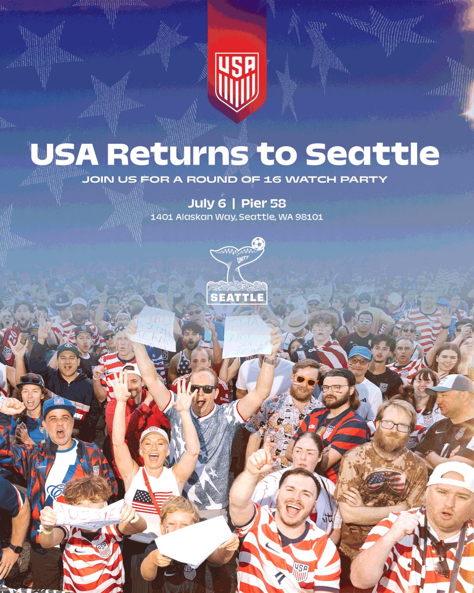 ussoccer's tweet photo. Seattle, we're BACK! Join us tomorrow at Pier 58 starting at 10:30 AM as U.S. Soccer takes over ahead of the @USMNT's Round of 16 match! Enjoy fan activations, giveaways and entertainment. See you there! https://t.co/IGByR73XSx