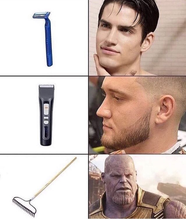 HumansNoContext's tweet photo. How Thanos shave https://t.co/H8flfStjq1