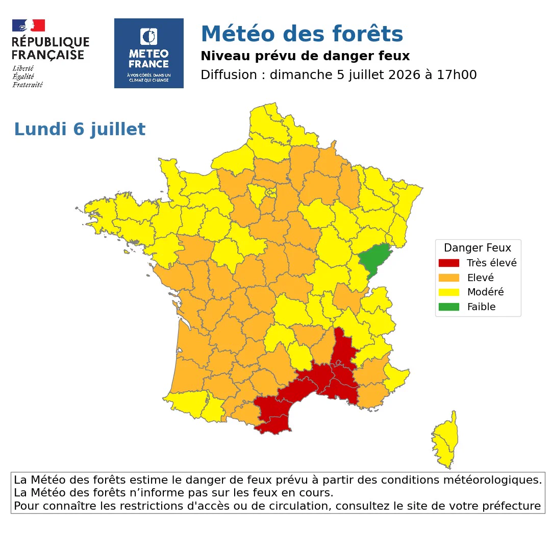 Carte de la Météo des forêts du lundi 6 juillet, montrant le danger de feux très élevé (rouge) sur le pourtour méditerranéen, et le danger élevé (orange) sur une grande partie de l'Hexagone.