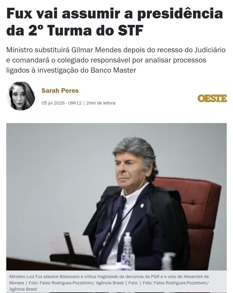 fiscaldofim's tweet photo. 🚨 Mudança no STF: Luiz Fux vai assumir a presidência da 2ª Turma da Corte. A troca de comando acontece em um momento de grande atenção sobre os julgamentos do colegiado. 

Será que podemos ter esperança? https://t.co/MvPY8rB6xX
