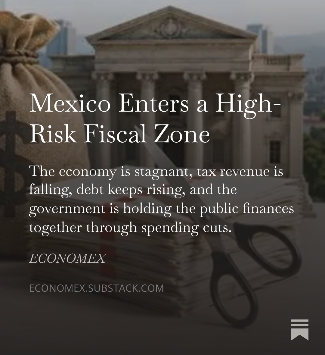 alejandrogomezt's tweet photo. #BREAKING  ⚠️Mexico is entering a high-risk fiscal zone.

The warning signs are becoming impossible to ignore:

📉 Manufacturing has been in contraction for 27 consecutive months.
📊 Private investment fell 3.5% in Q1.
💰 Tax revenue posted its first decline in 14 years.
📉 Income tax collections dropped 5.8%, their worst performance since 2009.
⛽ Oil revenues remain well below budget.
✂️ The government is meeting its fiscal targets largely by underspending approved expenditures.
📈 Meanwhile, the fiscal deficit rose 42%, public debt reached 18.9 trillion pesos (50.6% of GDP), and Mexico is now just one notch above losing investment-grade status at two major credit-rating agencies.

This is not just about public finances. It is about the future cost of capital, investment, employment and economic growth.

My latest column examines why Mexico is entering a high-risk fiscal zone and what it means for businesses, investors and policymakers.
👉 https://t.co/KnrXsdDv0E
