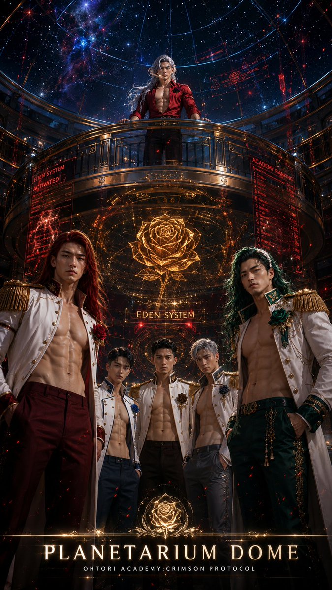 wiss0706's tweet photo. 🌹Ohtori Academy: Crimson Protocol - Planetarium Dome saga 🌹

Hearts will race with this first premium photo set. Uncover the Director’s secret AI system plan hidden behind the alluring charm of our boys.
Fierce gazes under the stars... who will make the first move? Save, zoom, and obsess! 📸❤️
Coming soon!

#Ohtori #AIart #yaoi #handsome