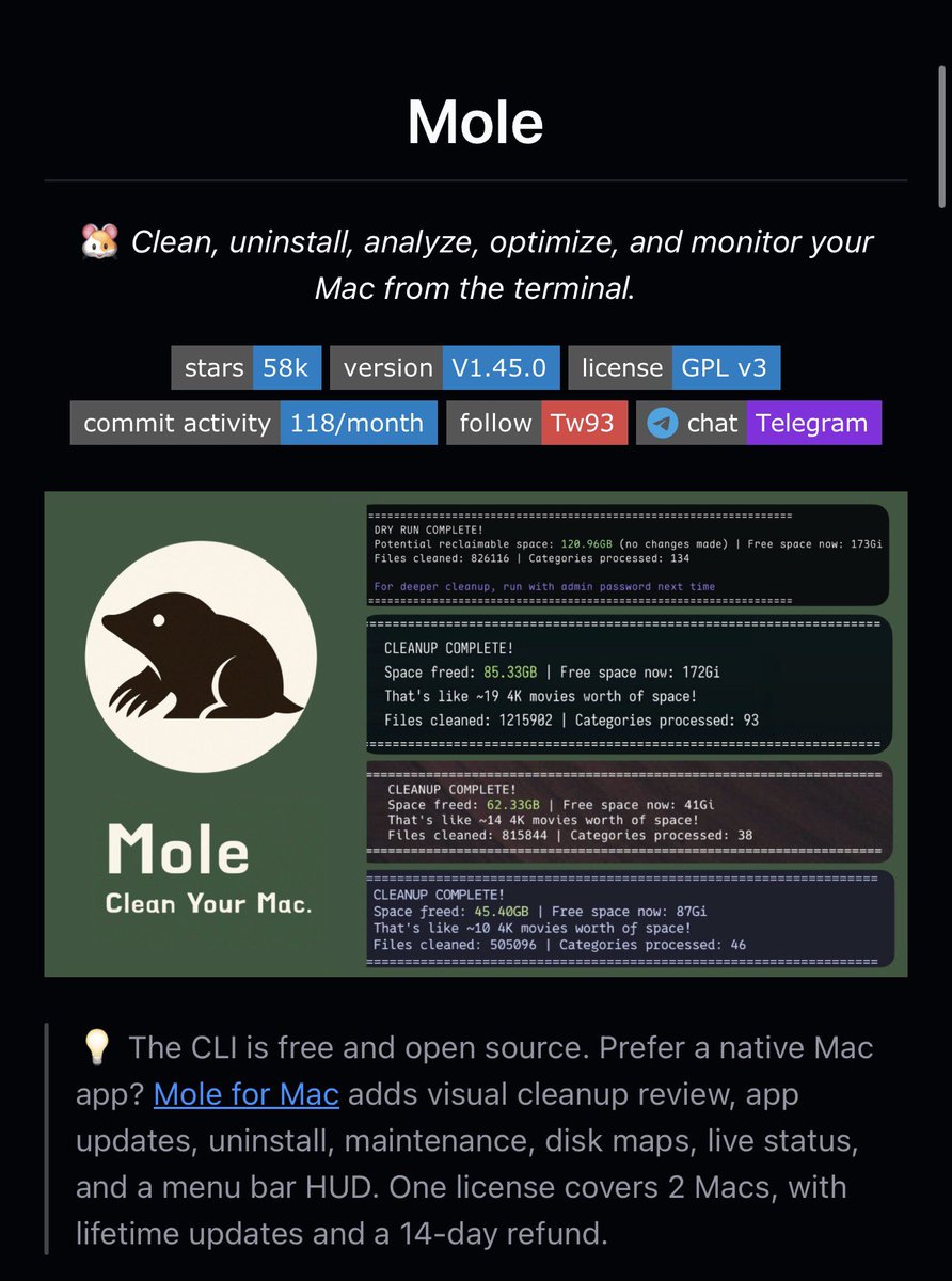 brandnewnox's tweet photo. ใครใช้ Mac แล้ว storage เต็มแบบไม่รู้ตัว ลอง Mole ดู

คือ Mac มันชอบมี cache, log, app leftovers, installer เก่า, ไฟล์ dev แปลกๆ ซ่อนอยู่เต็มไปหมด โดยเฉพาะคนใช้ Xcode / npm / simulator / browser หนักๆ อยู่ดีๆ พื้นที่หายไปเป็นสิบ GB แล้วหาเองโคตรเหนื่อย

ตัวนี้ช่วยไล่ดูให้ว่าอะไรแดกพื้นที่อยู่ แล้ว clean ได้ค่อนข้างดี

ของโคตรดีจริง ใคร storage แดงบ่อยๆ ลองดู

ลงง่ายๆผ่าน brew ได้เลย เป็น open source มีคน star อยู่ 58k โคตรเยอะ

ตอนใข้ก็ใช้แค่ `mo clean` จบ