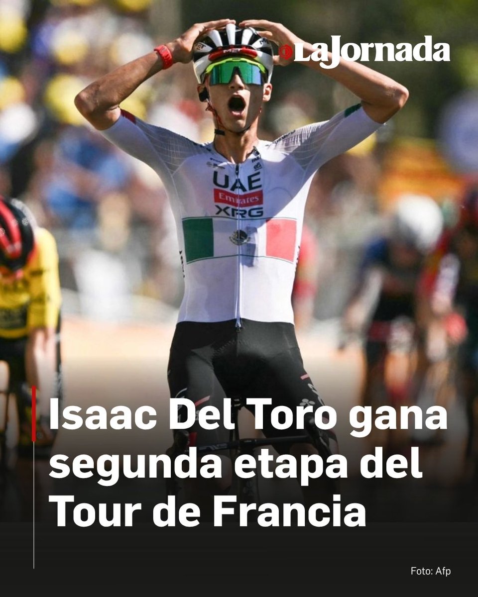 lajornadaonline's tweet photo. 🎊 🚴 🇫🇷  El mexicano Isaac Del Toro ganó la segunda etapa del Tour de Francia por delante de su jefe de filas, Tadej Pogacar, en la cima de la colina de Montjuïc, en Barcelona, donde Jonas Vingegaard conservó el maillot amarillo.

En su primera participación en la Grande Boucle, Del Toro cruzó la meta como vencedor por delante de Pogacar, que hizo todo lo posible por dejar el triunfo a su lugarteniente en el UAE.

Lee más aquí 👇
https://t.co/2BszlnhzqG