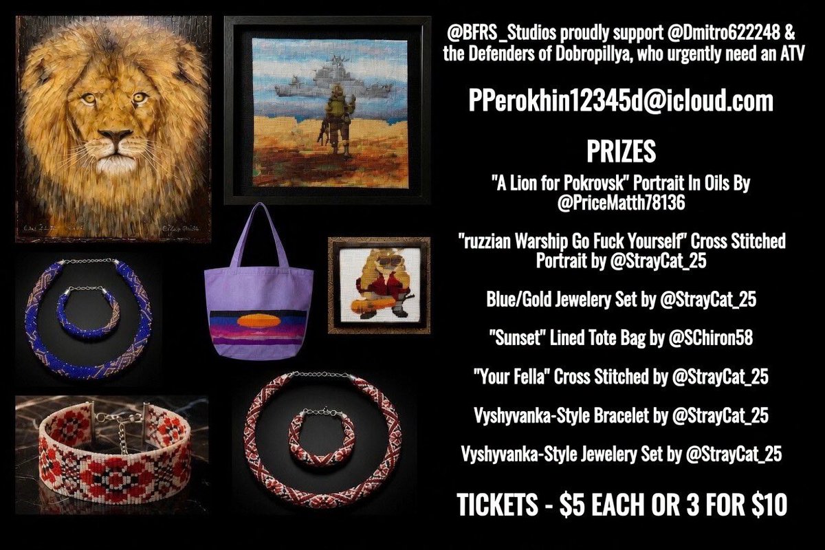 StrayCat_25's tweet photo. 🅿️🅿️ erokhin12345d@icloud.com

$5 and you get one 🎟️
$10 and you get three 🎟️

👉 "A Lion for Pokrovsk" – an oil-on-canvas painting by the incredible @PriceMatth78136
👉 "Sunset" – lined tote bag by @SChiron58
👉 "Russian Warship, Go Fuck Yourself" – cross-stitch by @StrayCat_25
👉 “Your Fella” – cross-stitch by @StrayCat_25
👉 Blue/yellow jewelry set by @StrayCat_25
👉 Vyshyvanka-style bracelet by @StrayCat_25
👉 Patterned jewelry set by @StrayCat_25