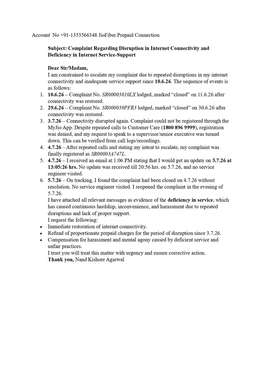 nkagr_doon's tweet photo. @JioCare #Jiofiber I am constrained to escalate my complaint due to your very very poor and deficient customer care service support from your customer care team. Complaint attached and also emailed to jiofibercare@jio.com https://t.co/SRGystsoGV